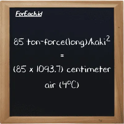Cara konversi ton-force(long)/kaki<sup>2</sup> ke centimeter air (4<sup>o</sup>C) (LT f/ft<sup>2</sup> ke cmH2O): 85 ton-force(long)/kaki<sup>2</sup> (LT f/ft<sup>2</sup>) setara dengan 85 dikalikan dengan 1093.7 centimeter air (4<sup>o</sup>C) (cmH2O)